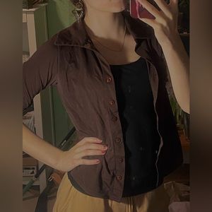 cute brown collared button up cropped women’s s blouse cover up